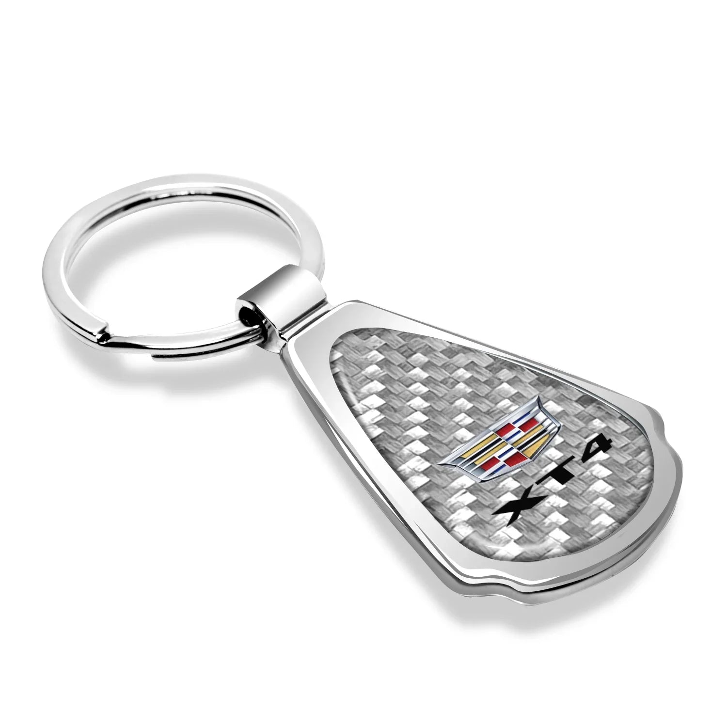 iPick Image for Cadillac XT4 Real Silver Dome Carbon Fiber Chrome Metal Teardrop Key Chain, Official Licensed