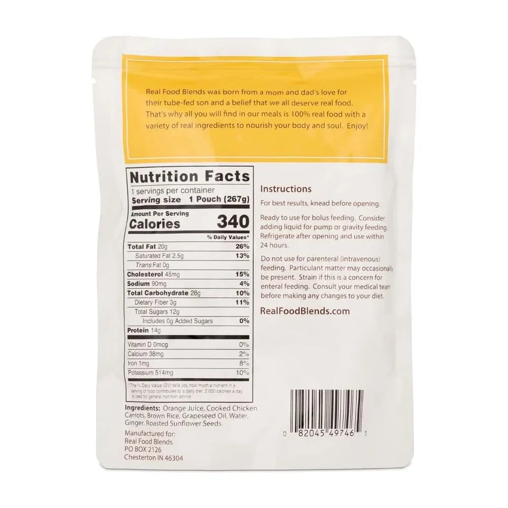 Real Food Blends - Orange Chicken, Carrots & Brown Rice - Meals for Tube Fed People - 9.4 Oz Pouch (Pack of 12)