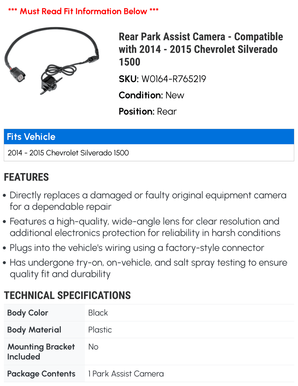 Rear Park Assist Camera - Compatible with 2014 - 2015  Sierra 1500