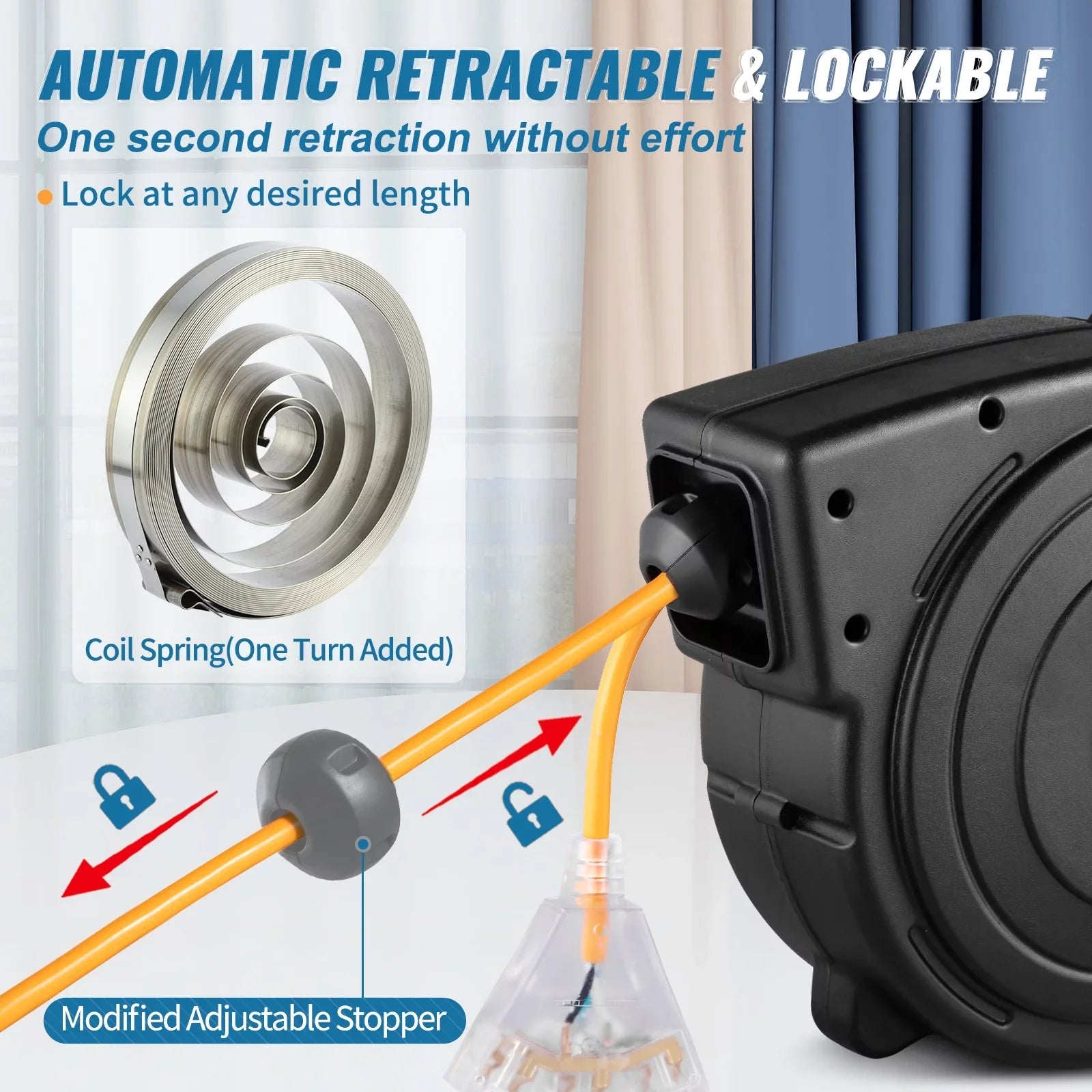 Retractable Extension Cord Reel Power Cord Reel 45FT 12AWG/3C