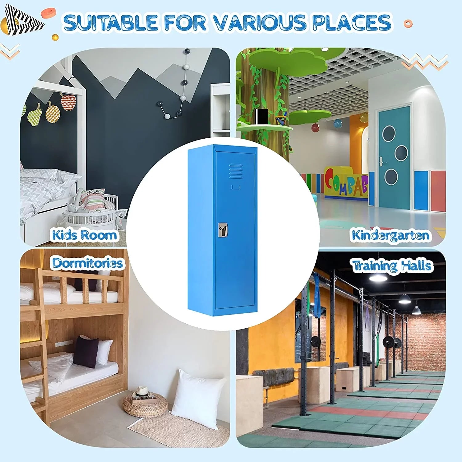 48" Kids Locker Cabinet, Daycare Metal Coat Locker w/Hanging Rod & Shelf for Kids Room Bedroom School Classroom, 2-Tier Storage Locker w/ 2 Keys for Toys, Clothes, Sports Gear