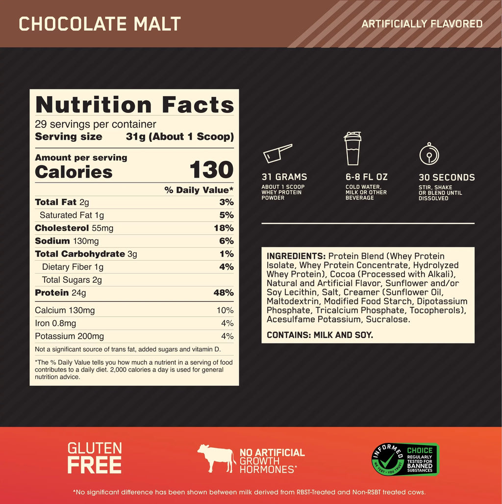 Optimum Nutrition, Gold Standard 100% Whey Protein Powder, 24 g Protein, Chocolate Malt, 2 lb, 29 Servings