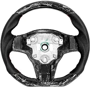 Cobra-tek Carbon Fiber Steering Wheel Forged Compatible with Tesla 3 2017 - 2018 - 2019 - 2020 - 2021 - 2022 - Red Stitches - Non-Slip and Protection - Hand-Saber
