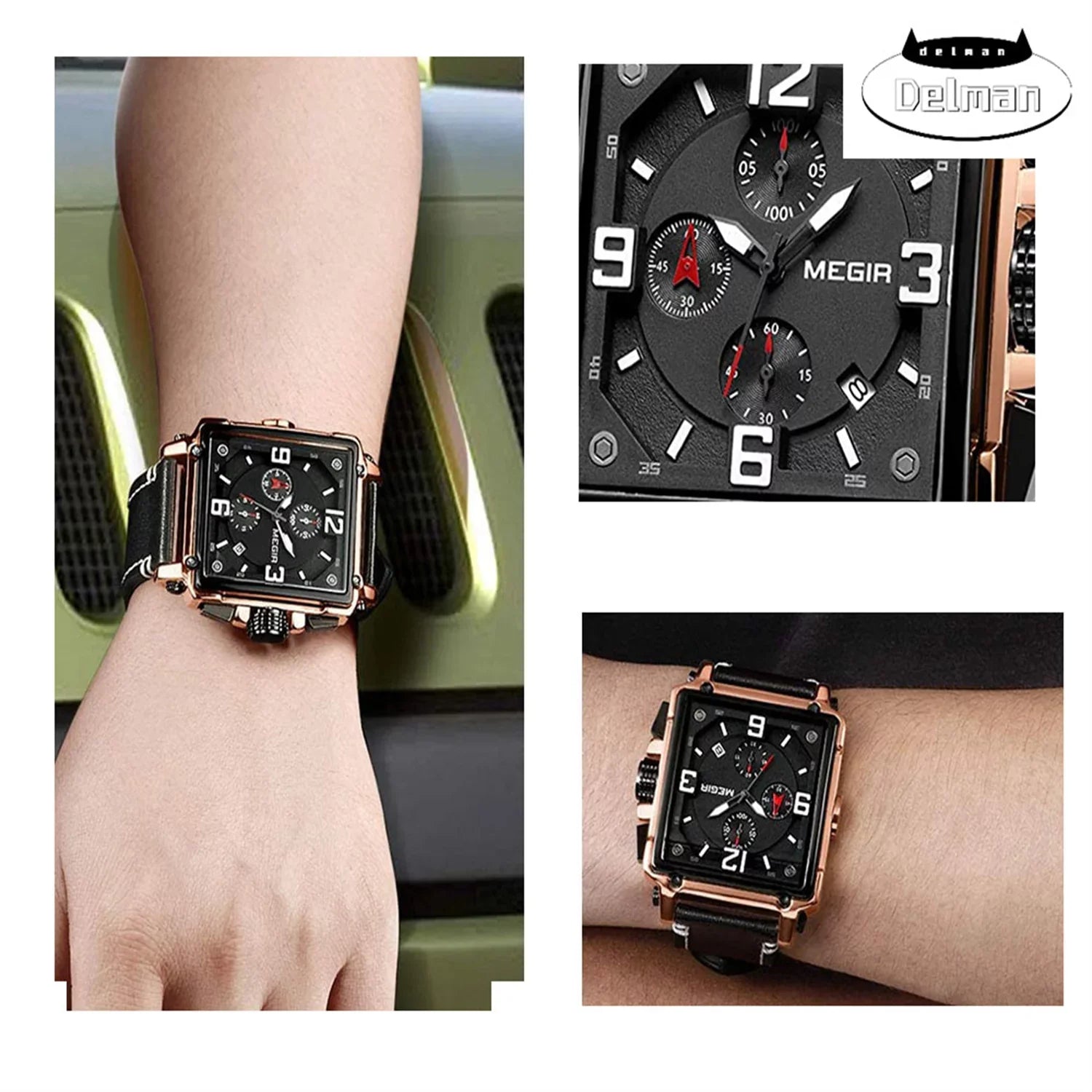 Men's Fashion Leather Strap Quartz Watches Luxury Square Dial Chronograph Wristwatch Casual Waterproof Luminous Watch for Man