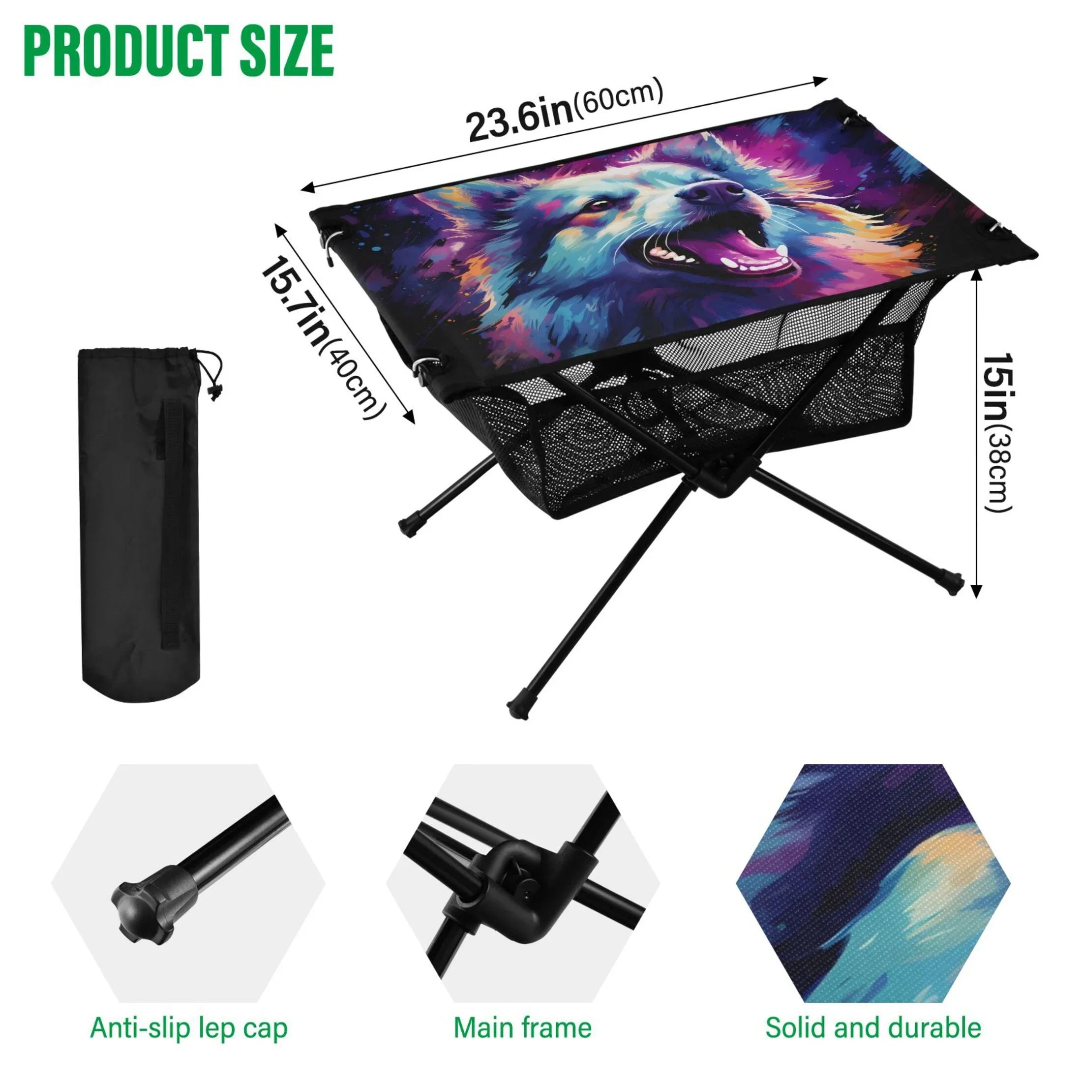Wolf Abstract Cool Camping Foldable Portable Table Beach Table with Storage Bag Compact Picnic Table for Outdoor Hiking Fishing