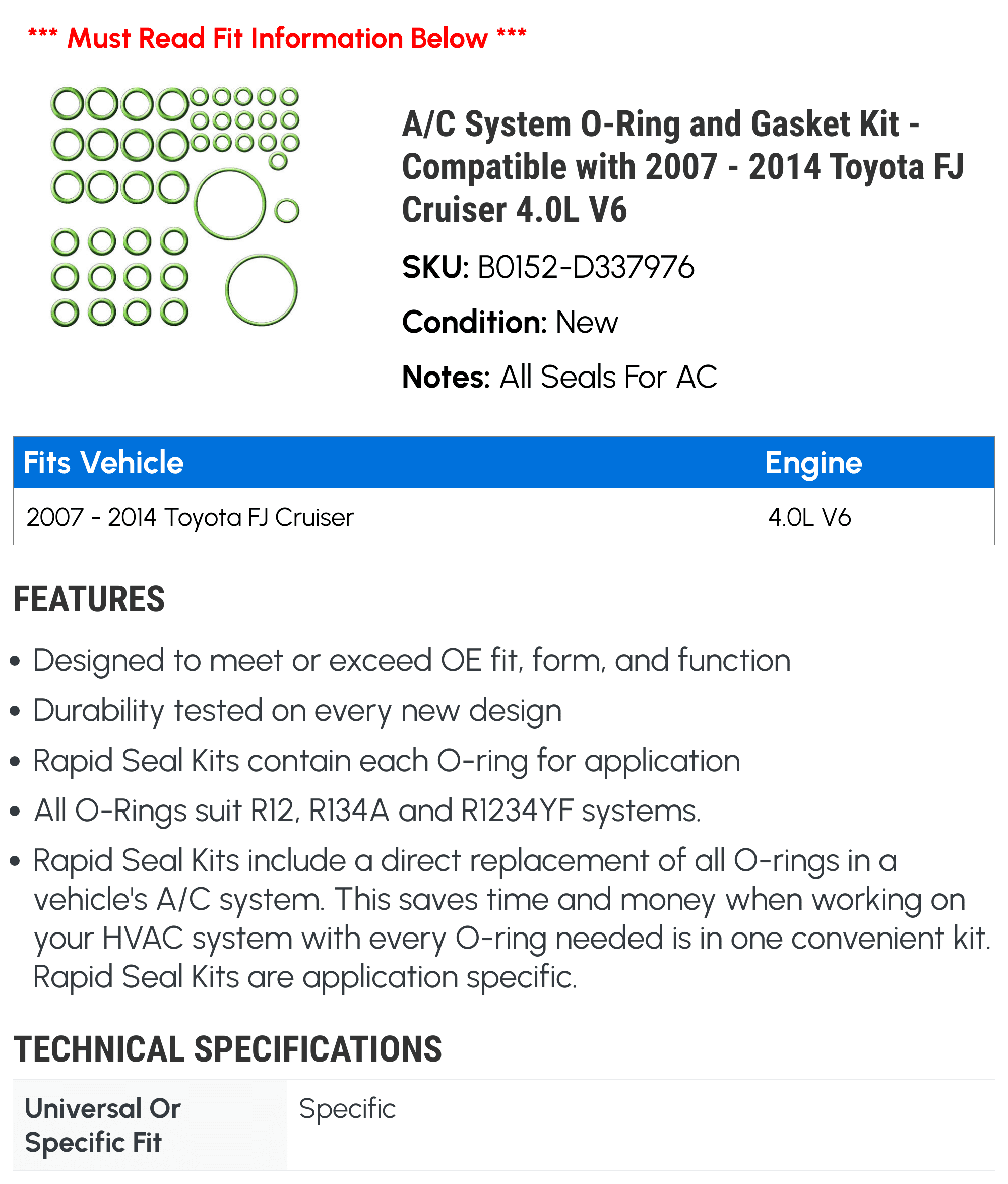 A/C System O-Ring and Gasket Kit - Compatible with 2007 - 2014 Toyota  Cruiser 4.0L V6 2008 2009 2010 2011 2012 2013