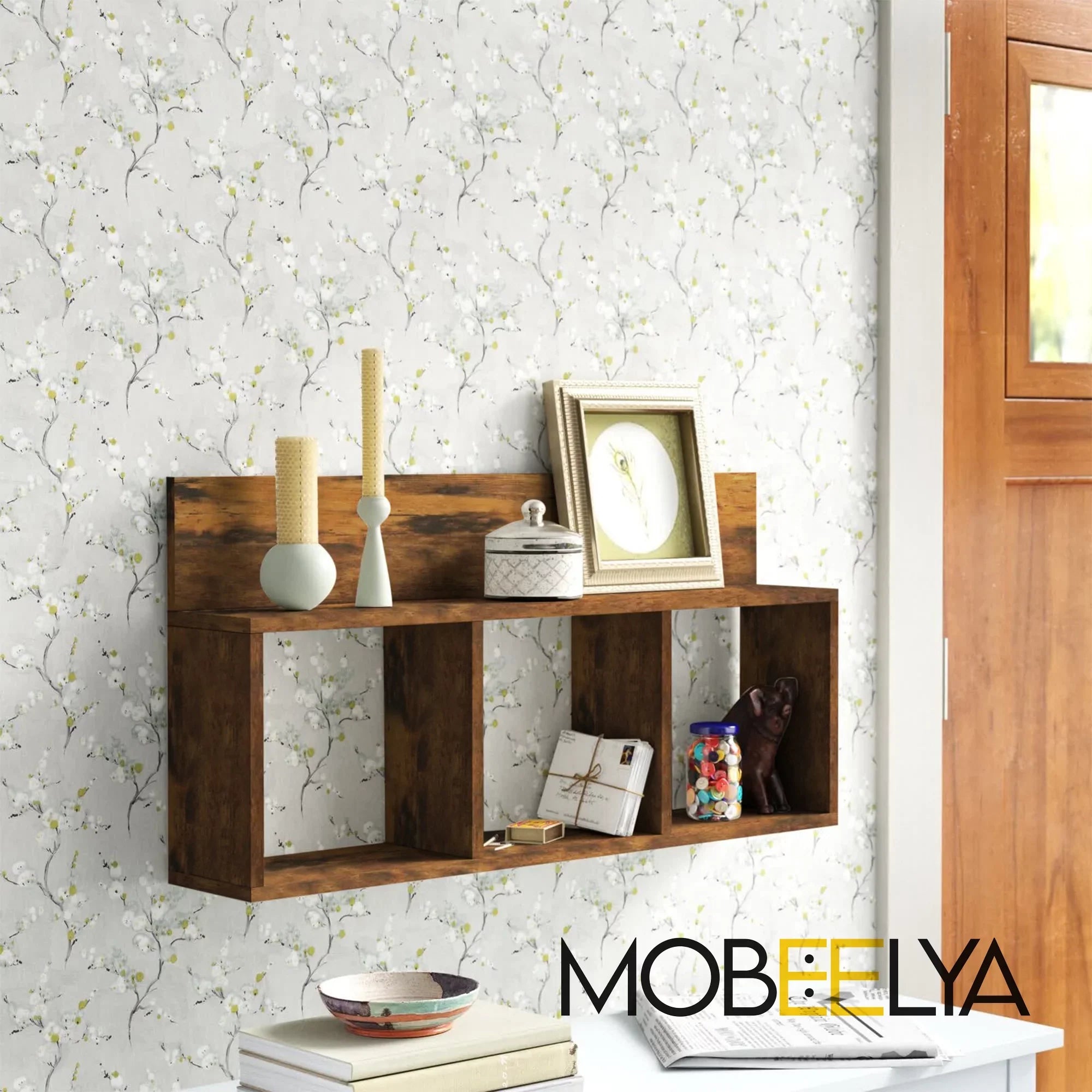 Natural Pine Wood Wall Shelf | Modern Floating Organizer | Items Storage Floating Wall Decor | Decorative Gift | Easy to Install,  Mobeelya