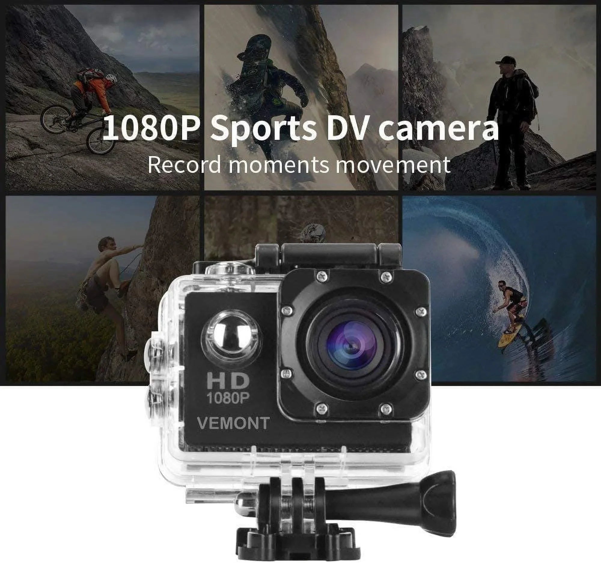 Action Camera, 1080P 12MP Sports Camera Full  2.0 Inch Action Cam 30m/98ft Underwater Waterproof Snorkel surf Camera with Wide-Angle Lens and Mounting Accessories Kit Black