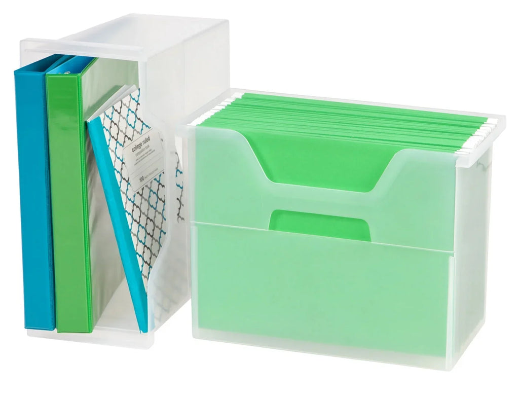 Medium Portable Desktop File Box with Open Lid, 6 Pack, Side Handles, Hanging File Folders, Tabs & Inserts, Letter Size, Magazines, Newspapers, Mail, Books, Notebooks, Clear