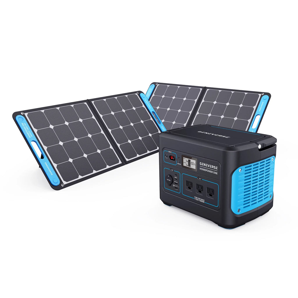 Geneverse 1002Wh (1x2) Solar Generator Bundle: 1X HomePower  Portable Power Station (3X 1000W  Outlets) + 2X 100W Solar Panels. Quiet, Indoor-Safe Backup Battery Power Generator For Home Devices