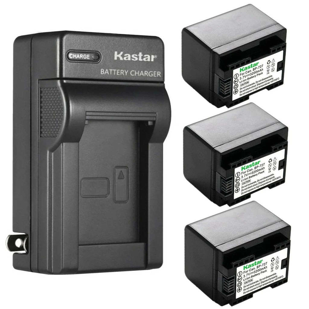 Kastar 3-Pack -727 BP727 Battery and  Wall Charger Compatible with Canon   R500 HFR500,   R600 HFR600,   R700 HFR700,   R800 HFR800,   M36 HFM36 Cameras