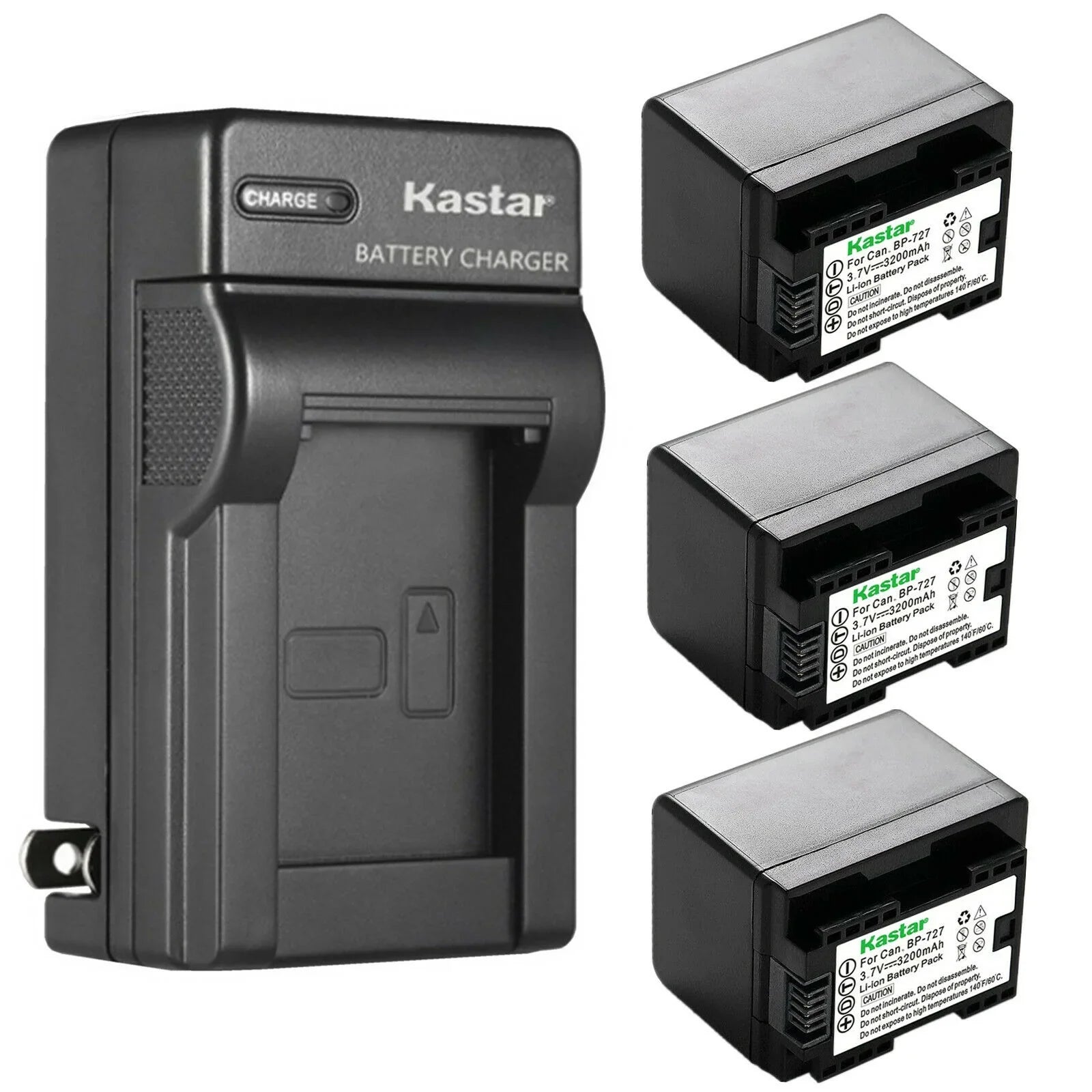 Kastar 3-Pack -727 BP727 Battery and  Wall Charger Compatible with Canon   R500 HFR500,   R600 HFR600,   R700 HFR700,   R800 HFR800,   M36 HFM36 Cameras