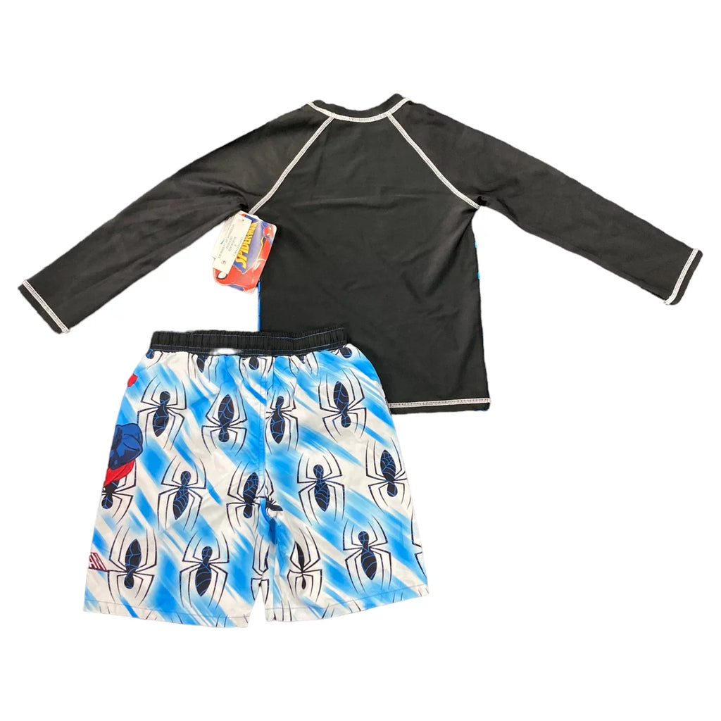 Marvel Spiderman Boy's 2-Piece Long Sleeve Rash Guard & Swim Short Set (Blue Spiderman, 6)
