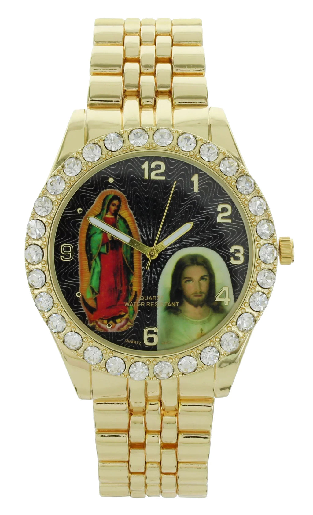Men's Our Lady of Guadalupe and Jesus Gold-Tone Metal Bracelet Watch with Neckless and Cross Pendent Set