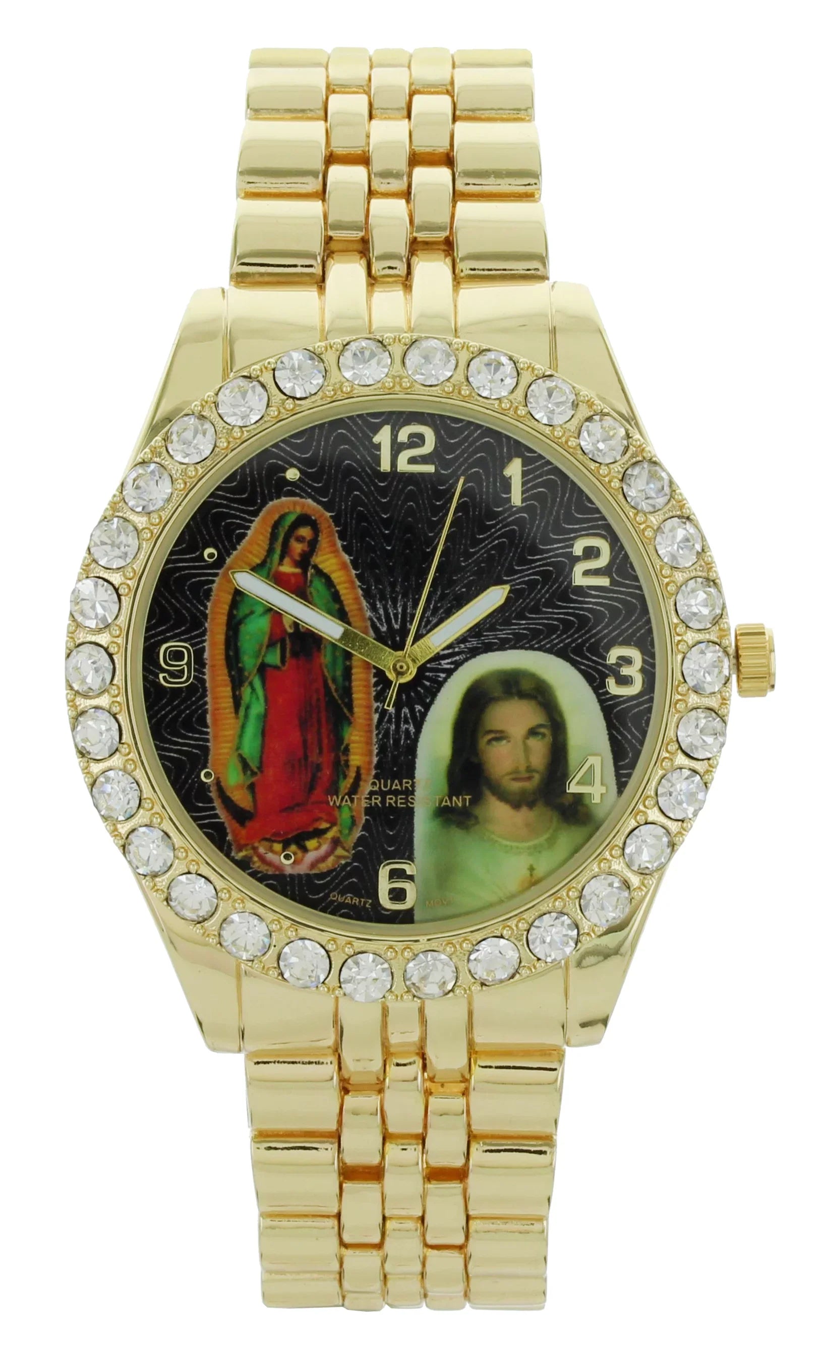 Men's Our Lady of Guadalupe and Jesus Gold-Tone Metal Bracelet Watch with Neckless and Cross Pendent Set