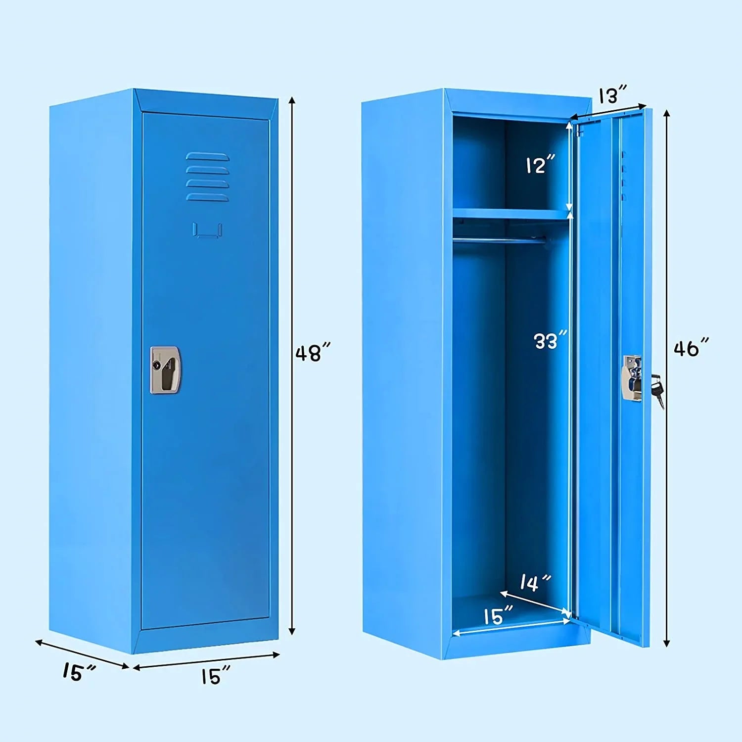 48" Kids Locker Cabinet, Daycare Metal Coat Locker w/Hanging Rod & Shelf for Kids Room Bedroom School Classroom, 2-Tier Storage Locker w/ 2 Keys for Toys, Clothes, Sports Gear