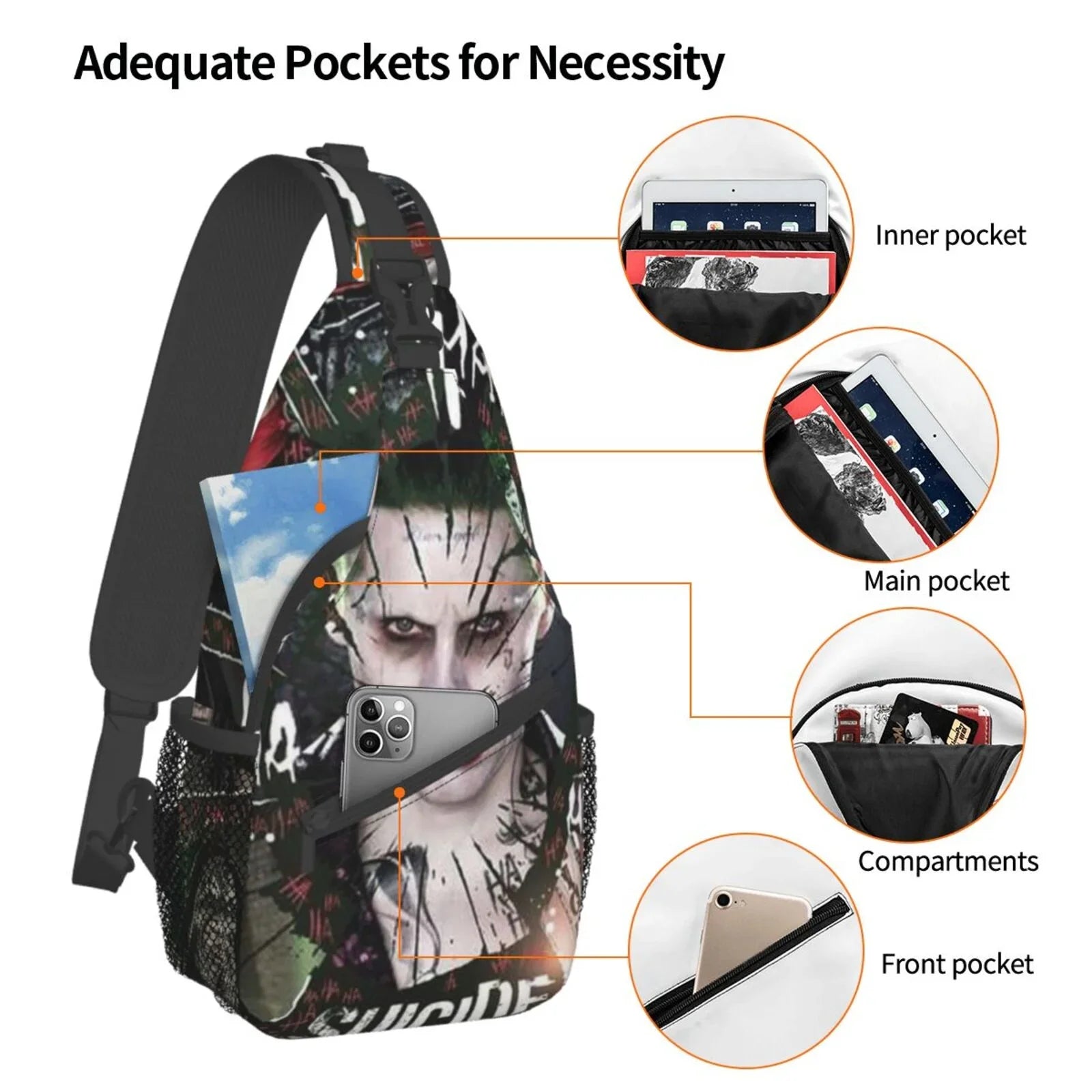 Suicide Joker Squad Sling Bag Crossbody Backpack Chest Bags Diagonally Travel Daypack For Women Men Adults Teen