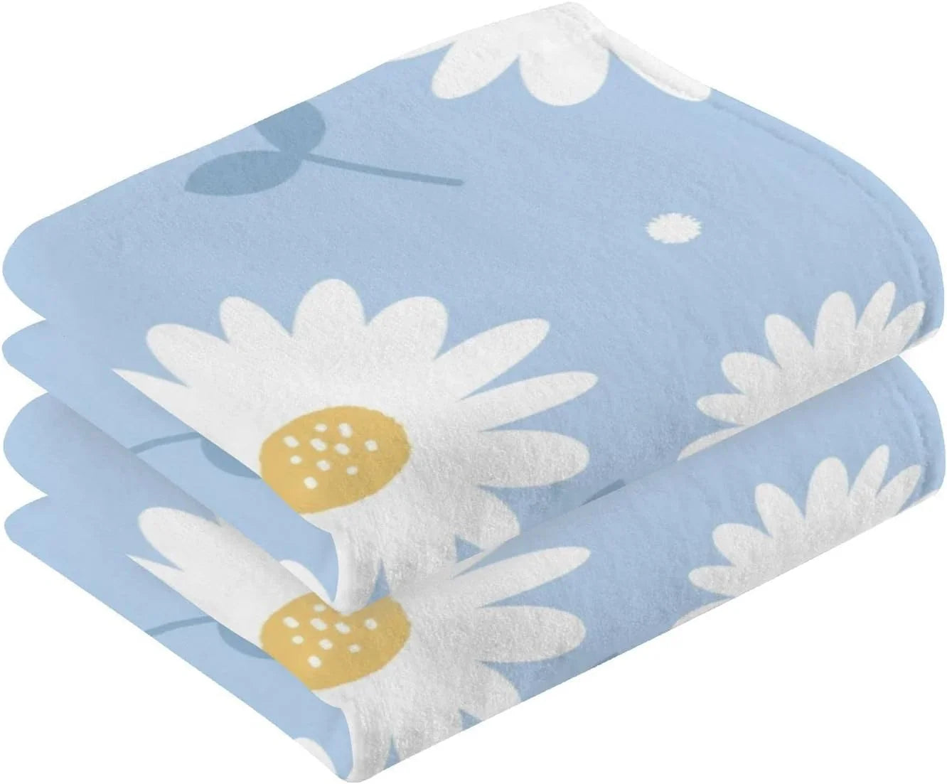 Wellsay Face Hand Towel Set Daisy Flower Blue Cotton Washcloths, Quick-Dry Highly Absorbent Bath Towel- Pack of 2