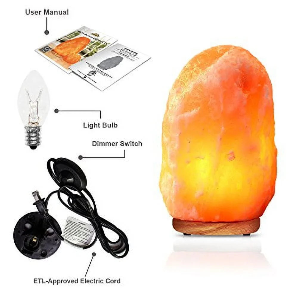 Himalayan Glow Hand Carved Natural Crystal Himalayan Salt Lamp With Genuine Neem Wood Base, Bulb And Dimmer Control.8 to 9 Inch, 8 to 11 lbs.