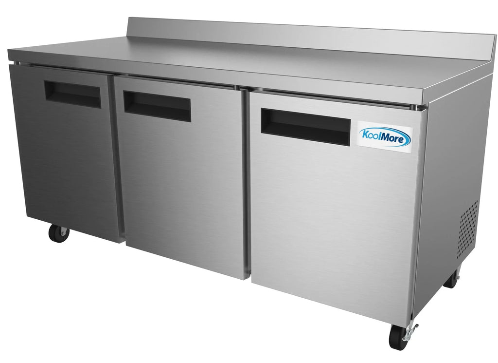 KoolMore 72 in. Three-Door Worktop Refrigerator with 3.5 in. Backsplash – 16.9 Cu. ft.