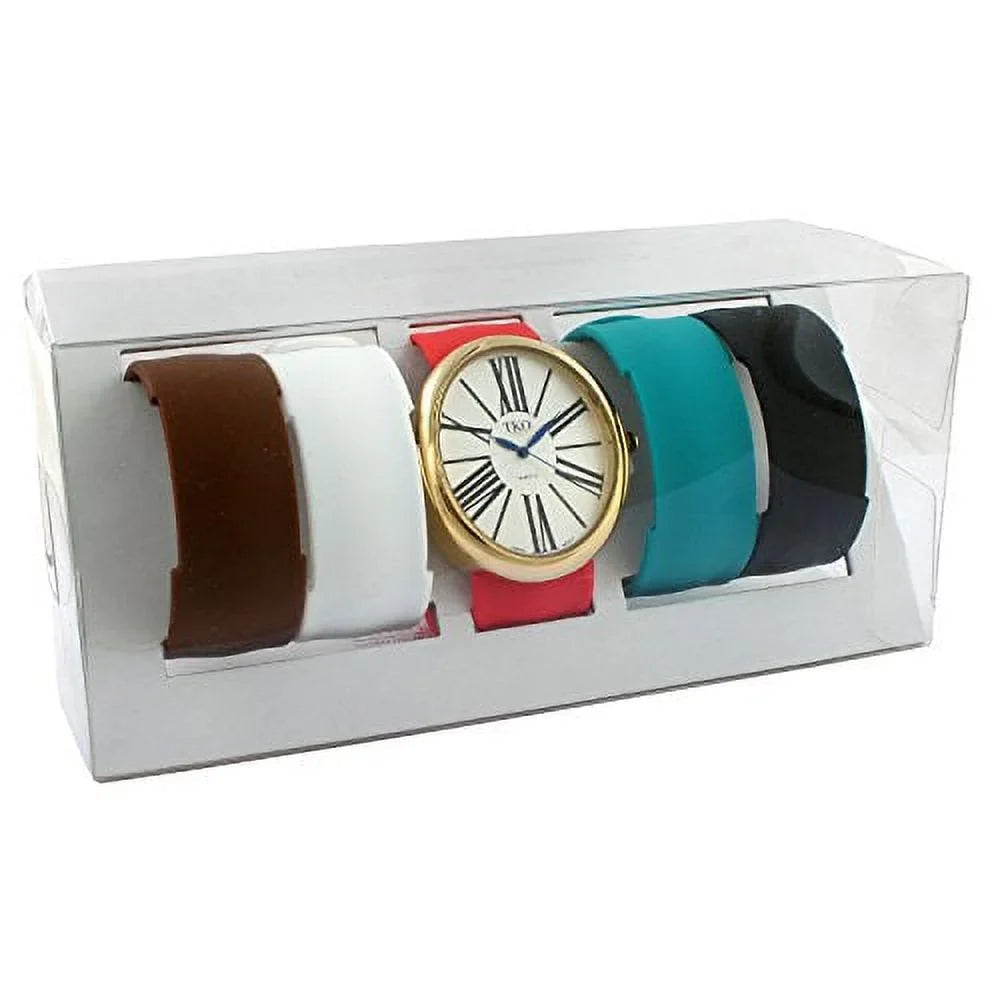 Interchangeable 5 Band Slap Watch Gift Set Gold Large Roman Numeral Dial