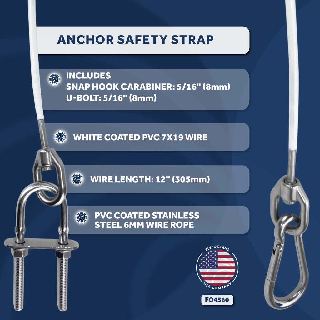 Five Oceans 12-Inch Anchor Safety Straps, Heavy Duty 7x19  Coated Stainless Steel 6mm Wire Rope, Includes 5/16-Inch Carabiner Snap Hook and 5/16-Inch U-Bolt - FO4560