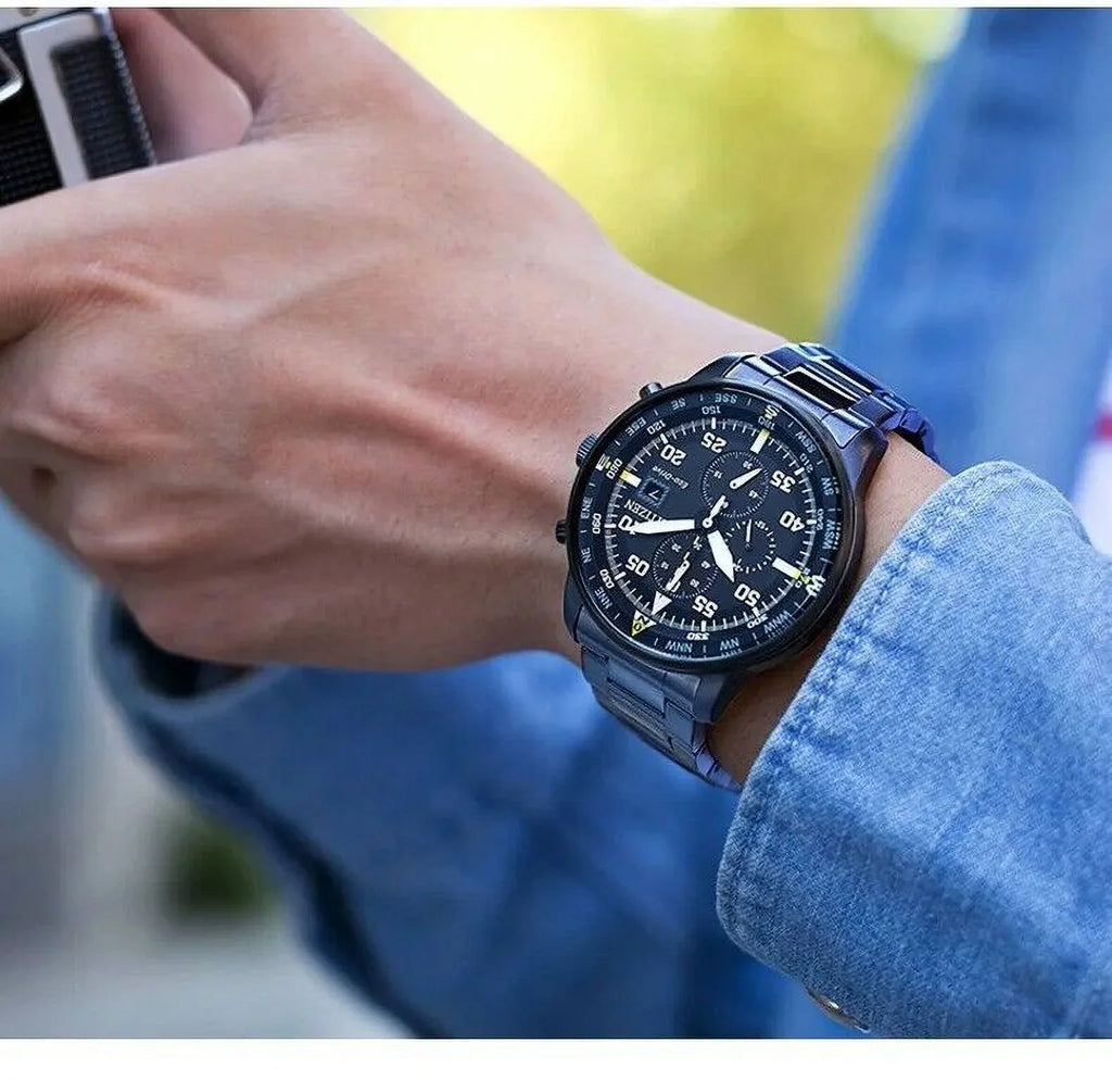 Men's Classic Business Aviator Chronograph Black Dial Eco-Drive Watch