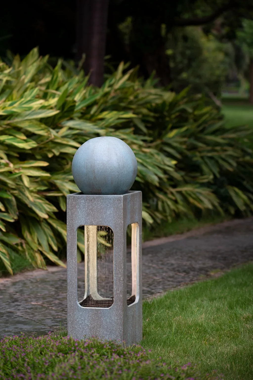 13x13x44" Tall Contemporary Sphere Outdoor Water Fountain, Cement/Concrete Outdoor Fountain, Antique Blue Raindrop Water Feature with Light For Garden, Lawn, Deck & Patio
