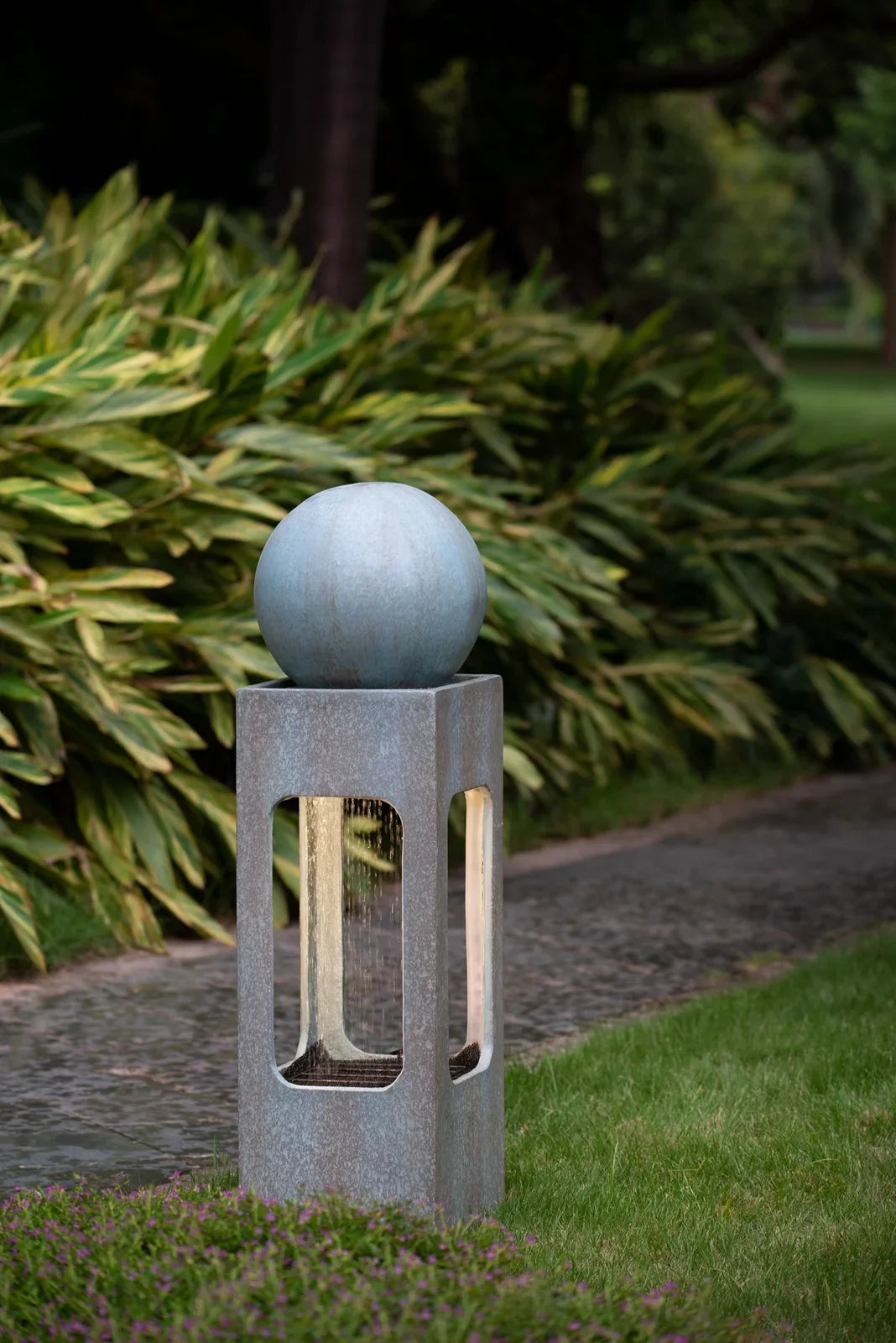 13x13x44" Tall Contemporary Sphere Outdoor Water Fountain, Cement/Concrete Outdoor Fountain, Antique Blue Raindrop Water Feature with Light For Garden, Lawn, Deck & Patio