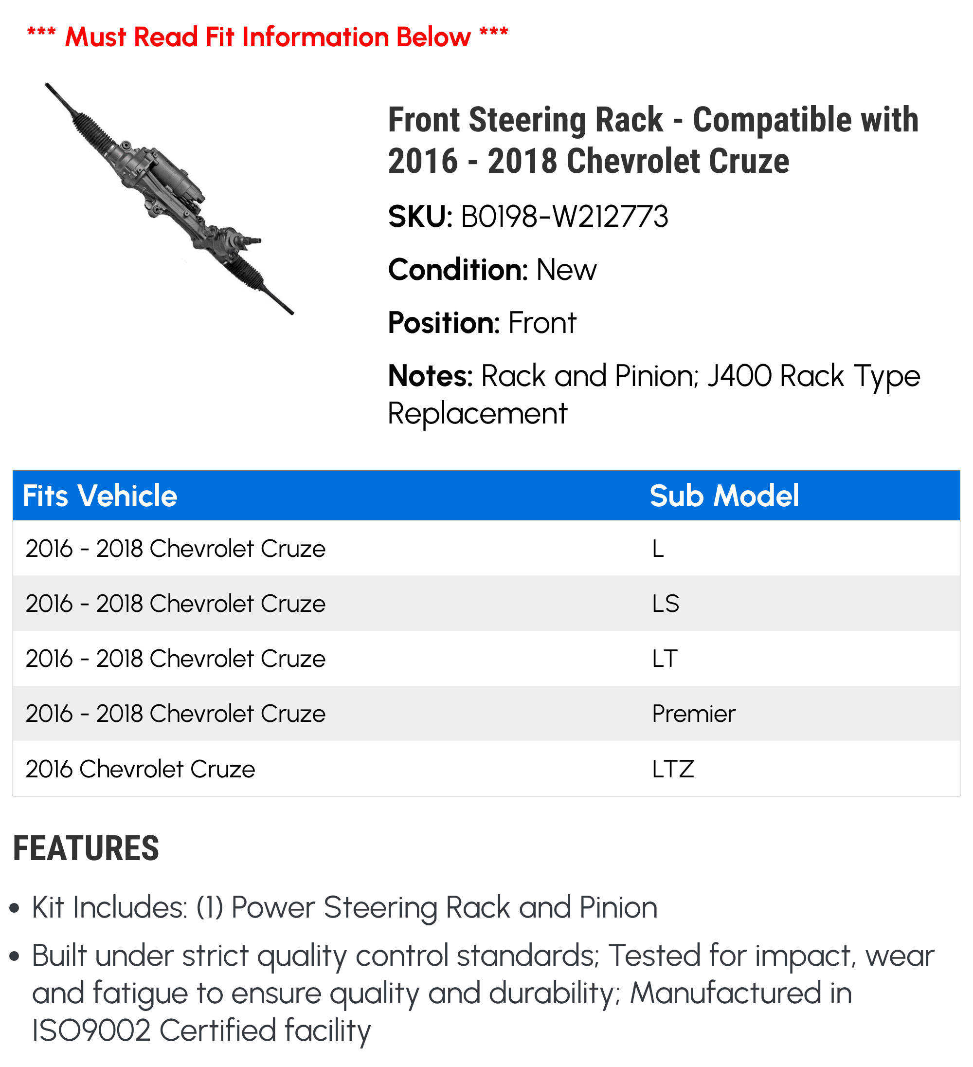 Front Steering Rack - Compatible with 2016 - 2018 Chevy Cruze 2017