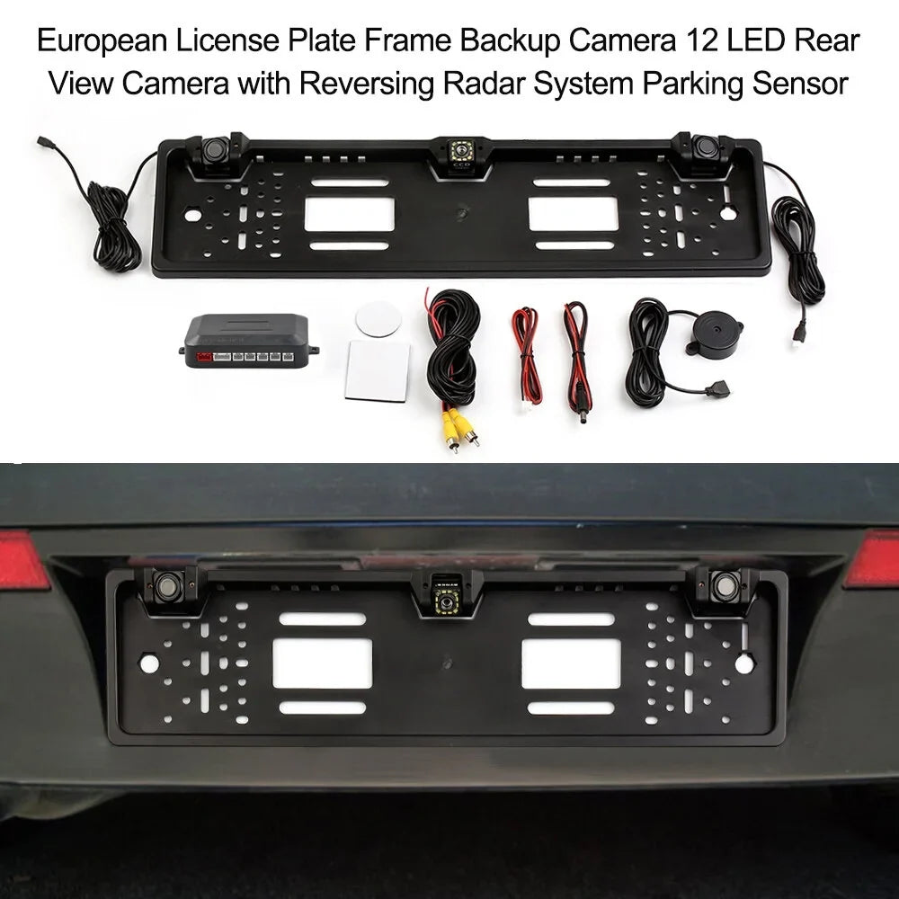 Tomshoo European License Plate Frame Backup Camera, 12  Rear View Camera, Car Reversing System, Parking Sensor