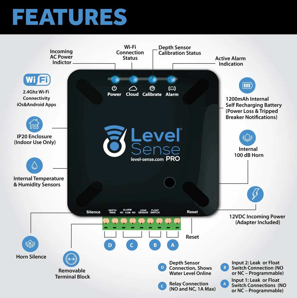 Level Sense - Wi-Fi Enabled Sump Pump, Temperature, Humidity, and Leak Detector