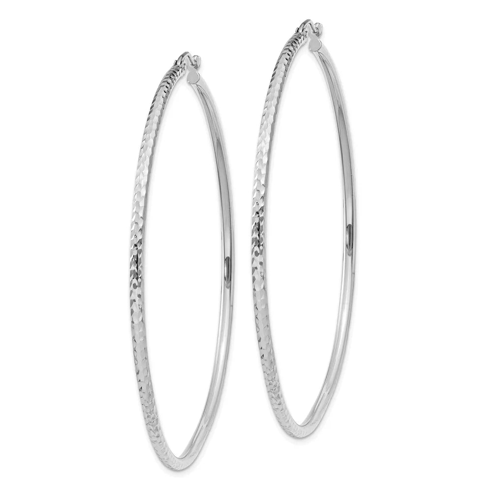Real 14kt White Gold Diamond-cut 2mm Round Tube Hoop Earrings; for Adults and Teens; for Women and Men
