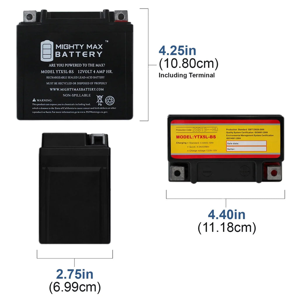 YTX5L- 12V 4AH Battery Replaces Kymco Super 9 - 50 2000 - 4 Pack