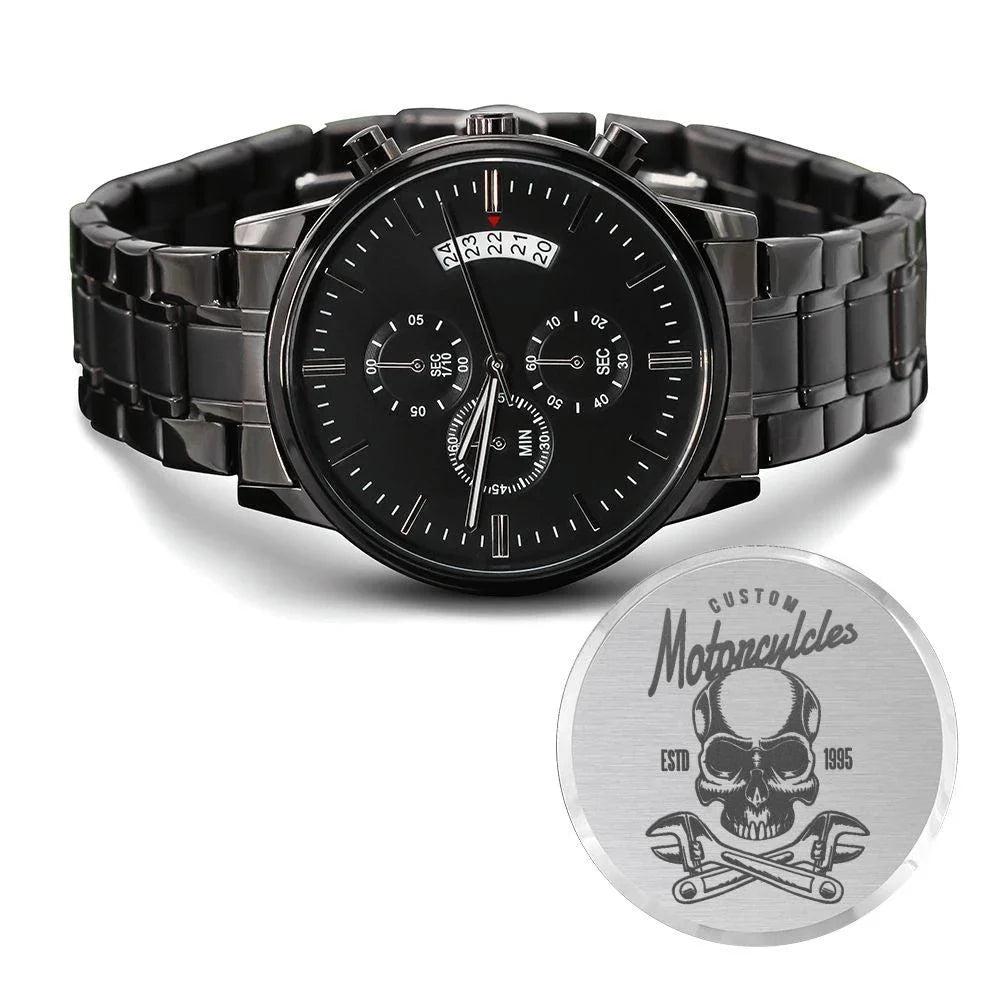 Custom Motorcyles 1995 Engraved Motorcycle Rider Men's Watch Multifunction Stainless Steel W Copper Dial