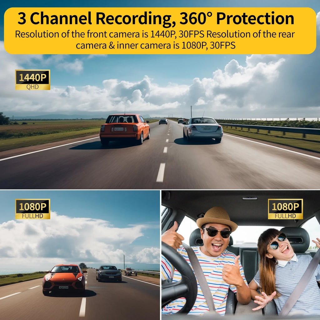 ZD60 DashCam 2K +1080P+1080P Front Rear and Inside 3 Channel Car Camera with Infrared Night Vision, Parking Monitoring, Reverse Camera, G-Sensor, Loop Recording, ,up to128GB