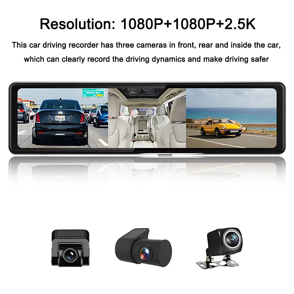 Pinnaco 3 Cameras Dash Cam 2.5K Clear Car Rearview Mirror  Car Video Recording Camcorder Touched Screen Car Camera Recorder Auto Driving Recorder for Enhanced Safety