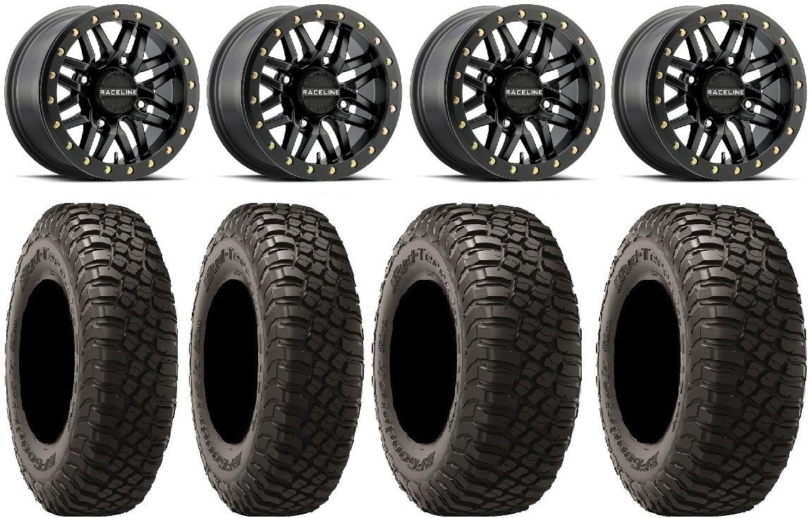 Raceline Ryno Bdlk 14" Bk Wheels 27"  KM3 Tires Can-Am Commander Maverick Renegade Outlander Defender