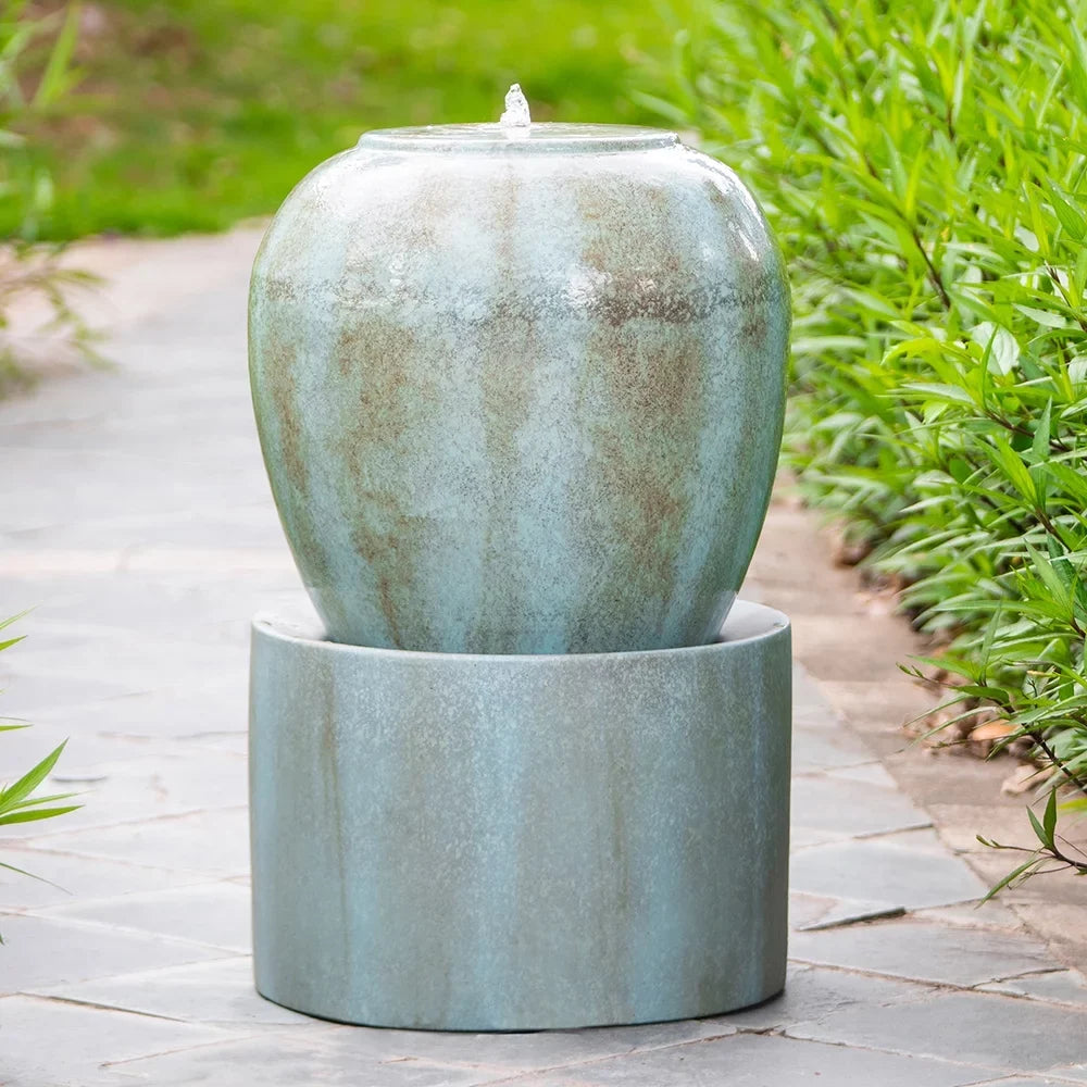 CoSoTower 19.5X19.5X32.5" Heavy Outdoor Cement Fountain Antique Blue, Cute Unique Urn Design Water Feature for Home Garden, Lawn, Deck & Patio