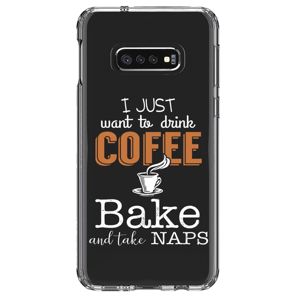 DistinctInk Clear Shockproof Hybrid Case for Samsung Galaxy S10e (5.8" Screen) -  Bumper Acrylic Back Tempered Glass Screen Protector - Just Want to Drink Coffee Bake Take Naps