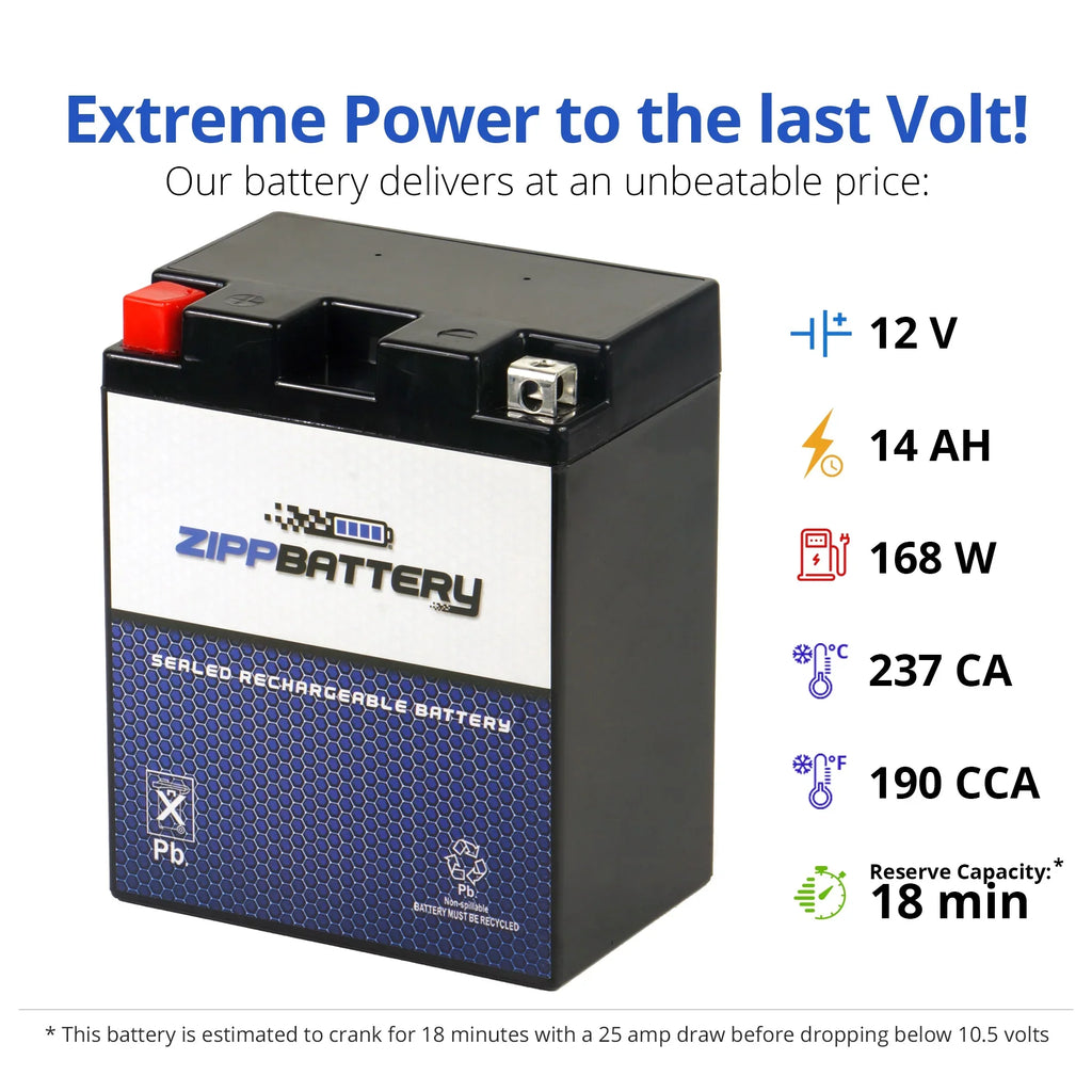 Zipp Battery YB14A-A2 (14A-A2 12 Volt,14 Ah, 190 ) Utility Vehicle Battery for Kawasaki Kaf400 Mule 600 610 400cc 05-'07