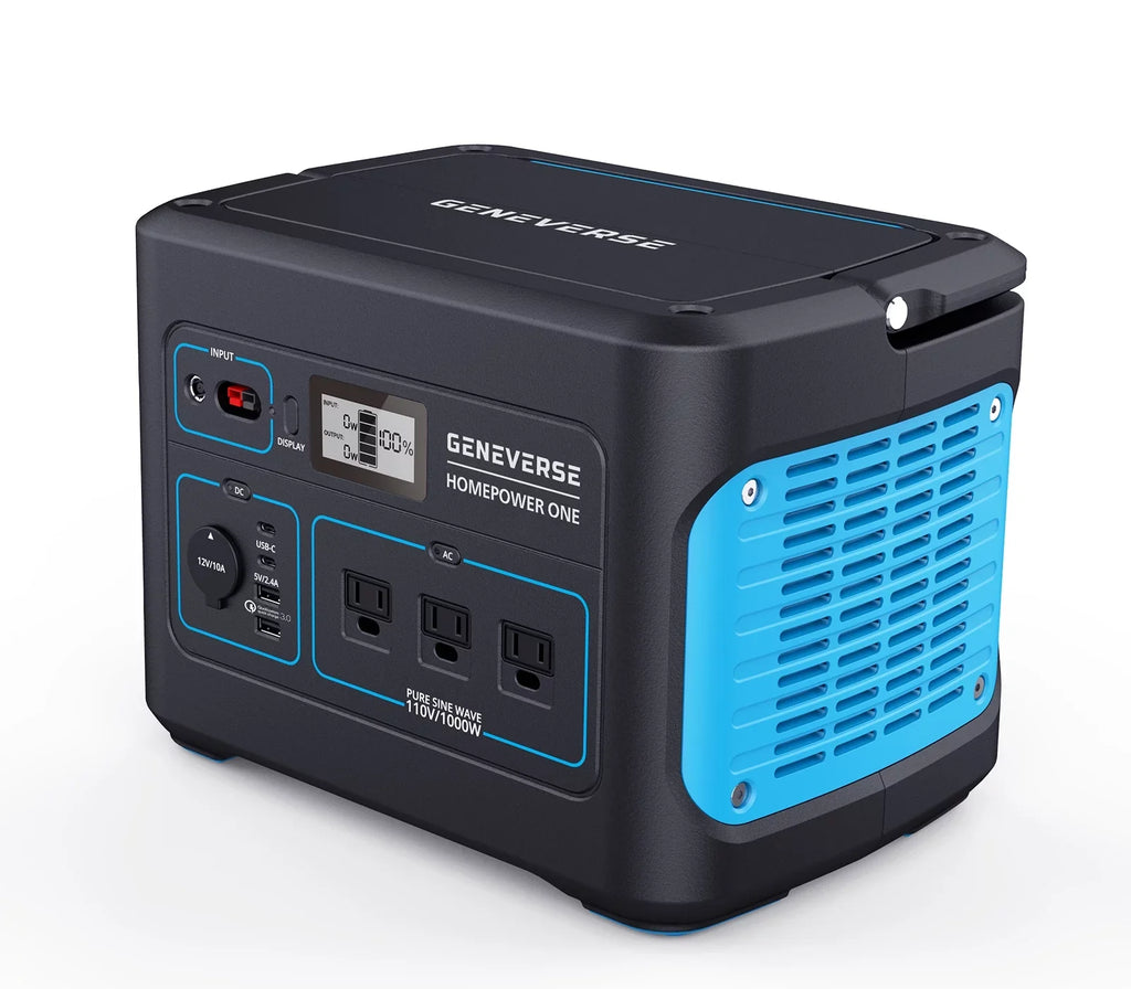 Geneverse 1002Wh (1x2) Solar Generator Bundle: 1X HomePower  Portable Power Station (3X 1000W  Outlets) + 2X 100W Solar Panels. Quiet, Indoor-Safe Backup Battery Power Generator For Home Devices