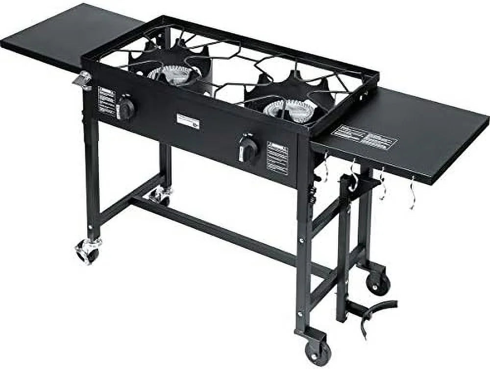 Outdoor Camping Propane Double Burner Stove 2 Folding Cook Cooking Station Stand Picnic  Grill 58,000 , Black