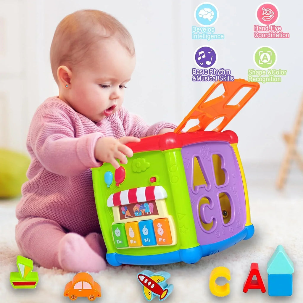 Montessori Toys 6-12 Months, Musical Busy Learners Activity Cube for Toddlers, Shape Sorter Toys for 1 Year Old Boys Girls Birthday Christmas Gifts