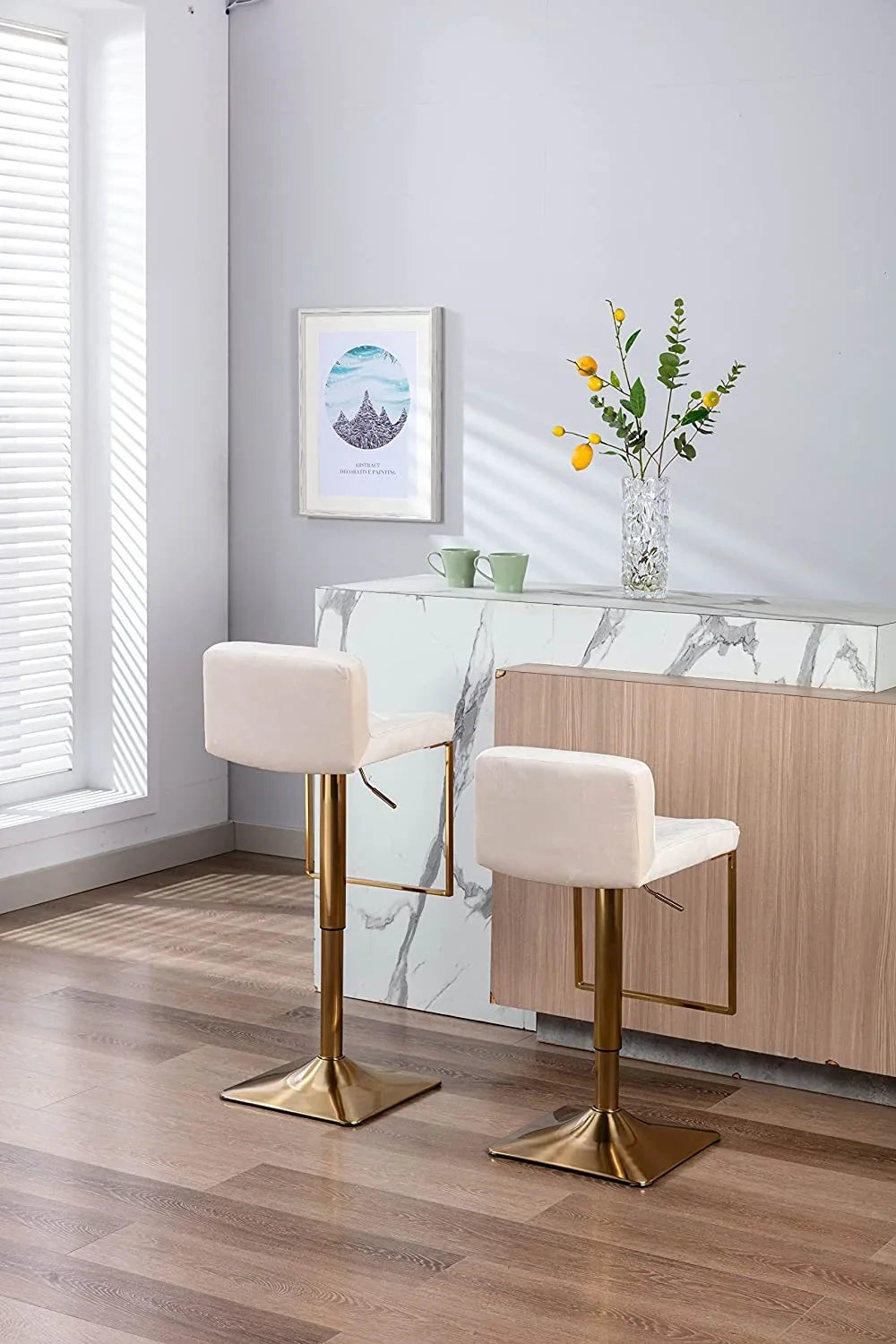 Velvet  Stools  Modern Swivel Counter Height Barstools  Height Adjustable Kitchen Stools for Island  Chairs Island Stools Chair Gold sillas para barra de cocina (Ivory  Set of