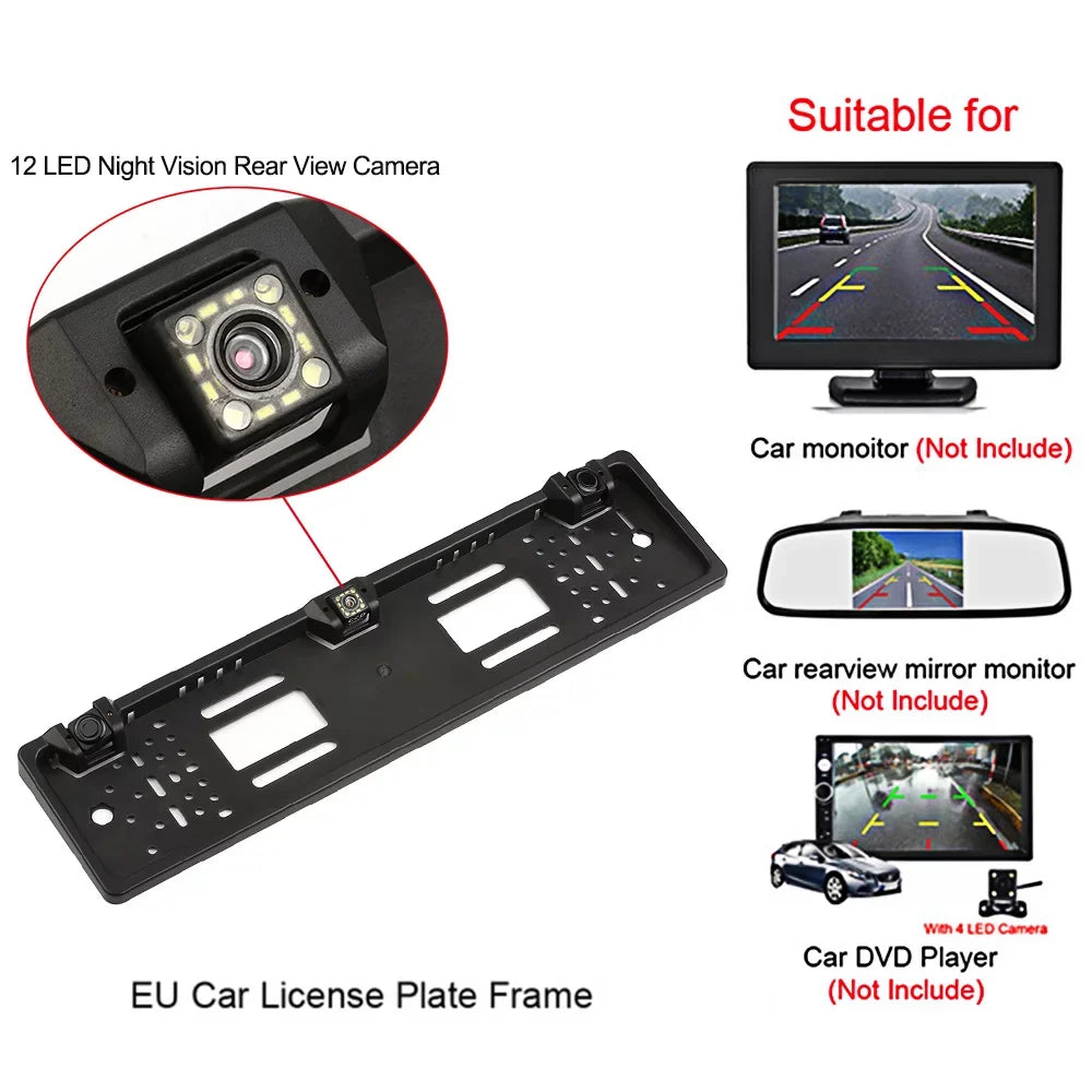 Tomshoo European License Plate Frame Backup Camera, 12  Rear View Camera, Car Reversing System, Parking Sensor