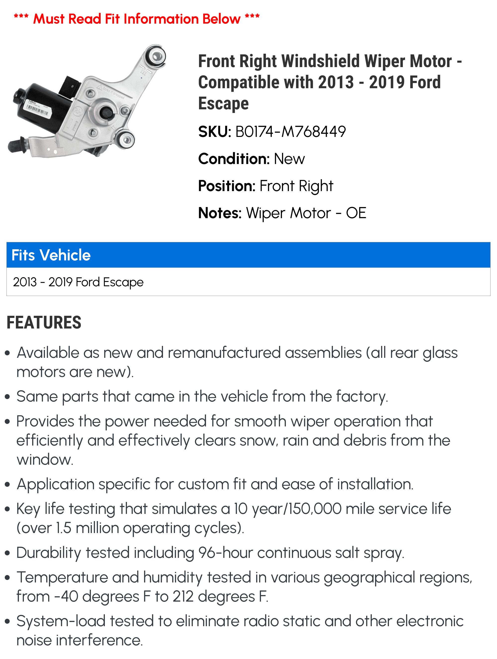 Front Right Windshield Wiper Motor - Compatible with 2013 - 2019 Ford Escape 2014 2015 2016 2017 2018