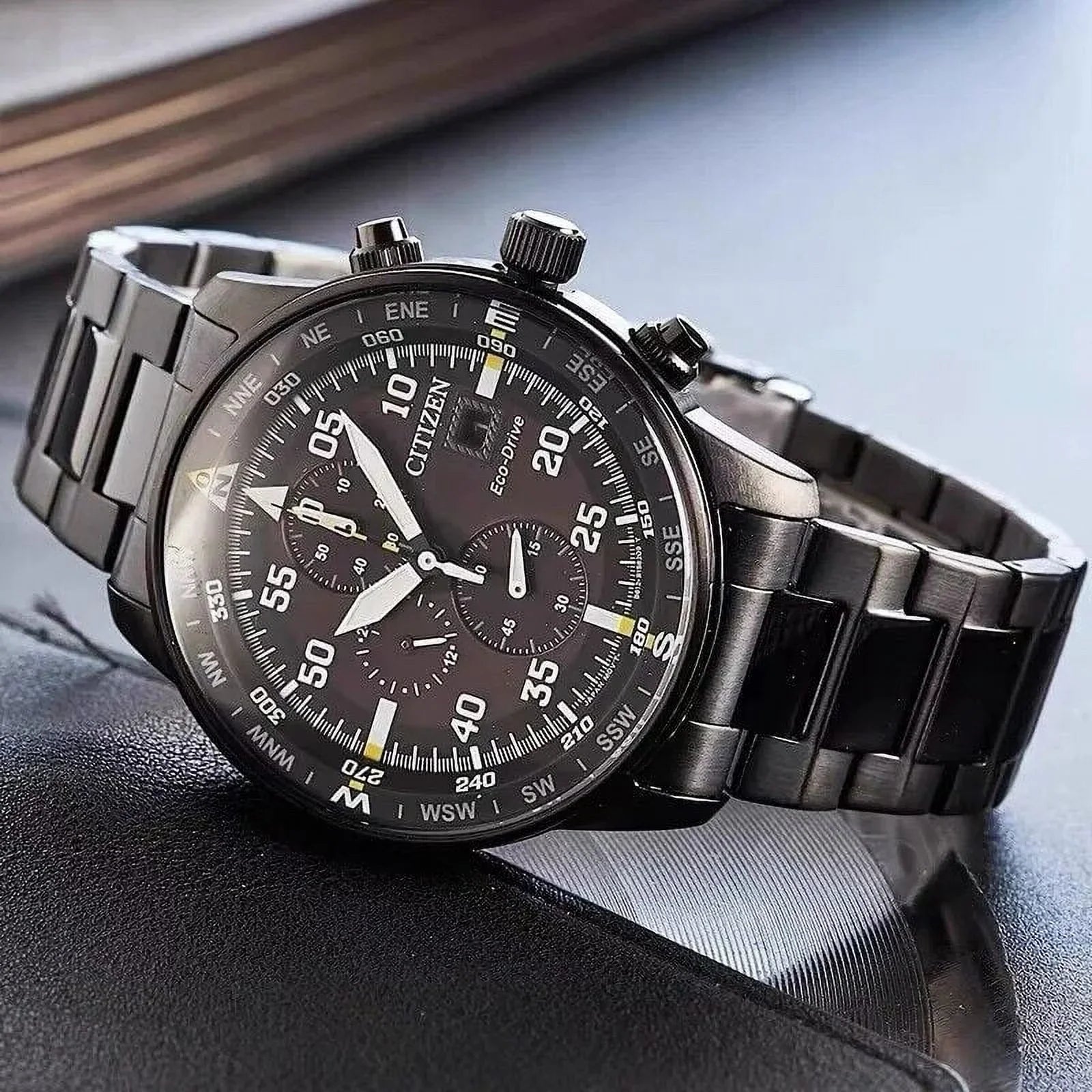 Men's Classic Business Aviator Chronograph Black Dial Eco-Drive Watch