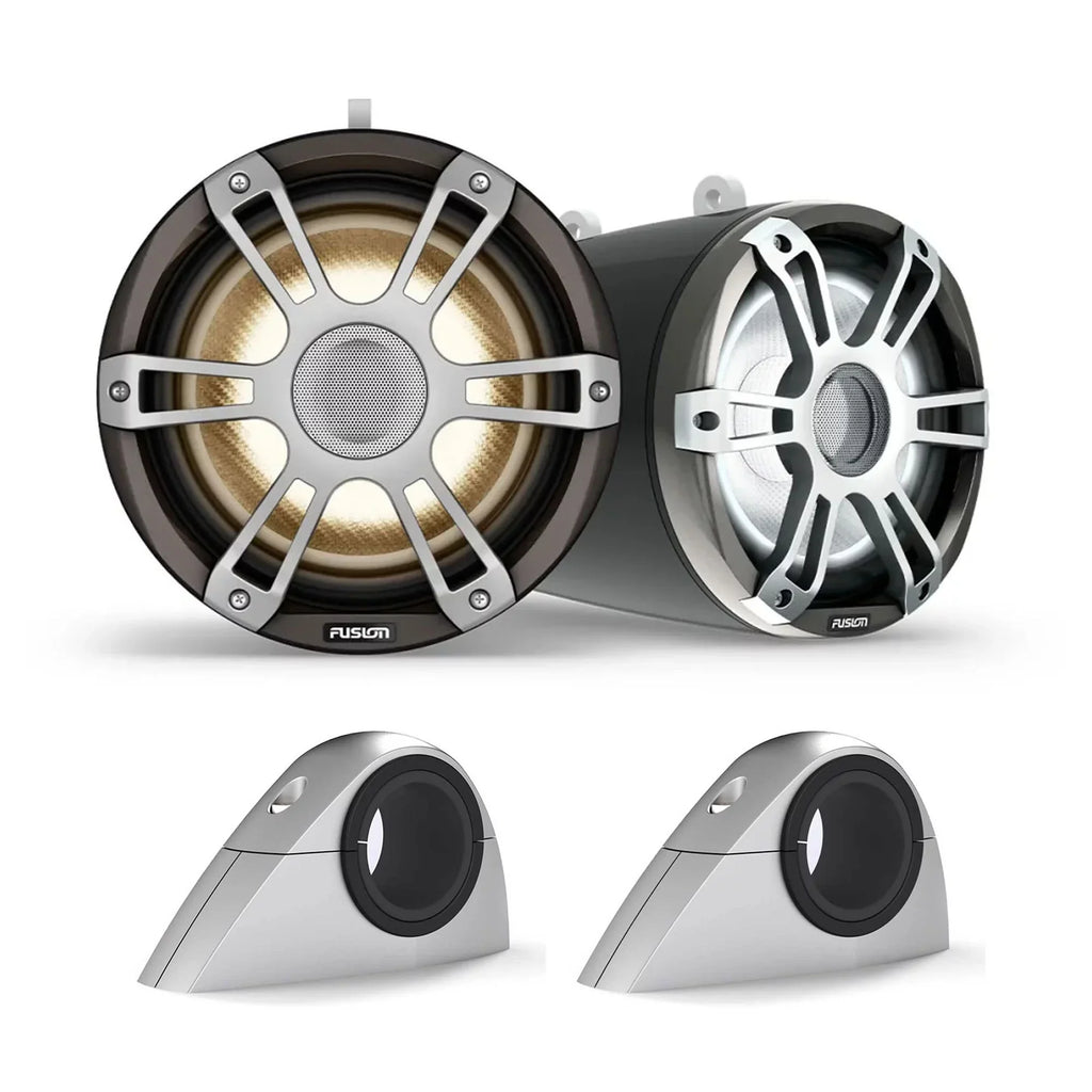 Fusion -FLT883SPG 8.8" Sports Grille Gray  Tower Speakers with - Universal Fixed Mount Brackets, Pair, Fits 1.31"-2.5" Bars