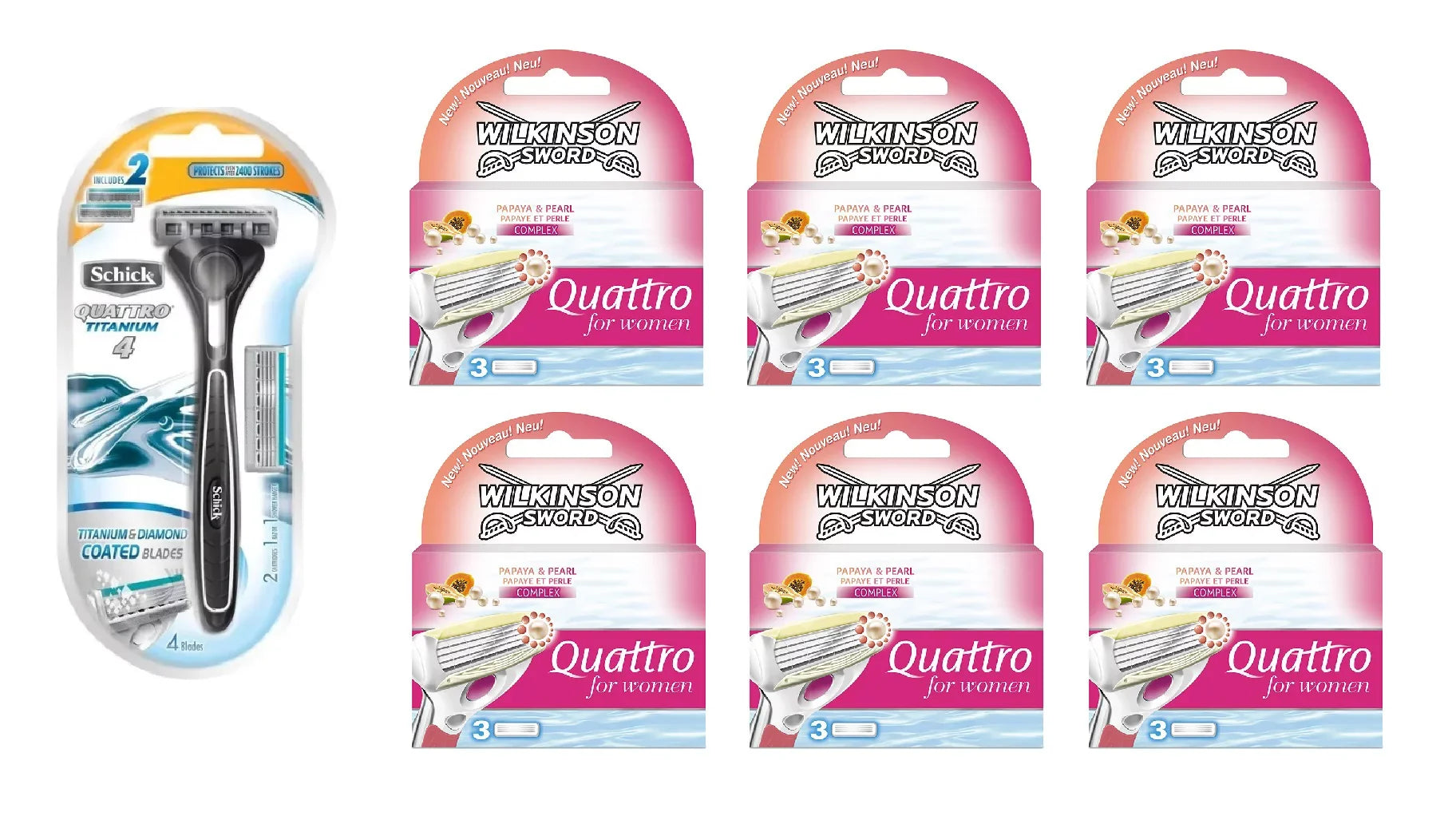 Schick Quattro Titanium 1 Razor with 2 Refill Blades and Wilkinson Quattro for Women Refill Blades, 18 count